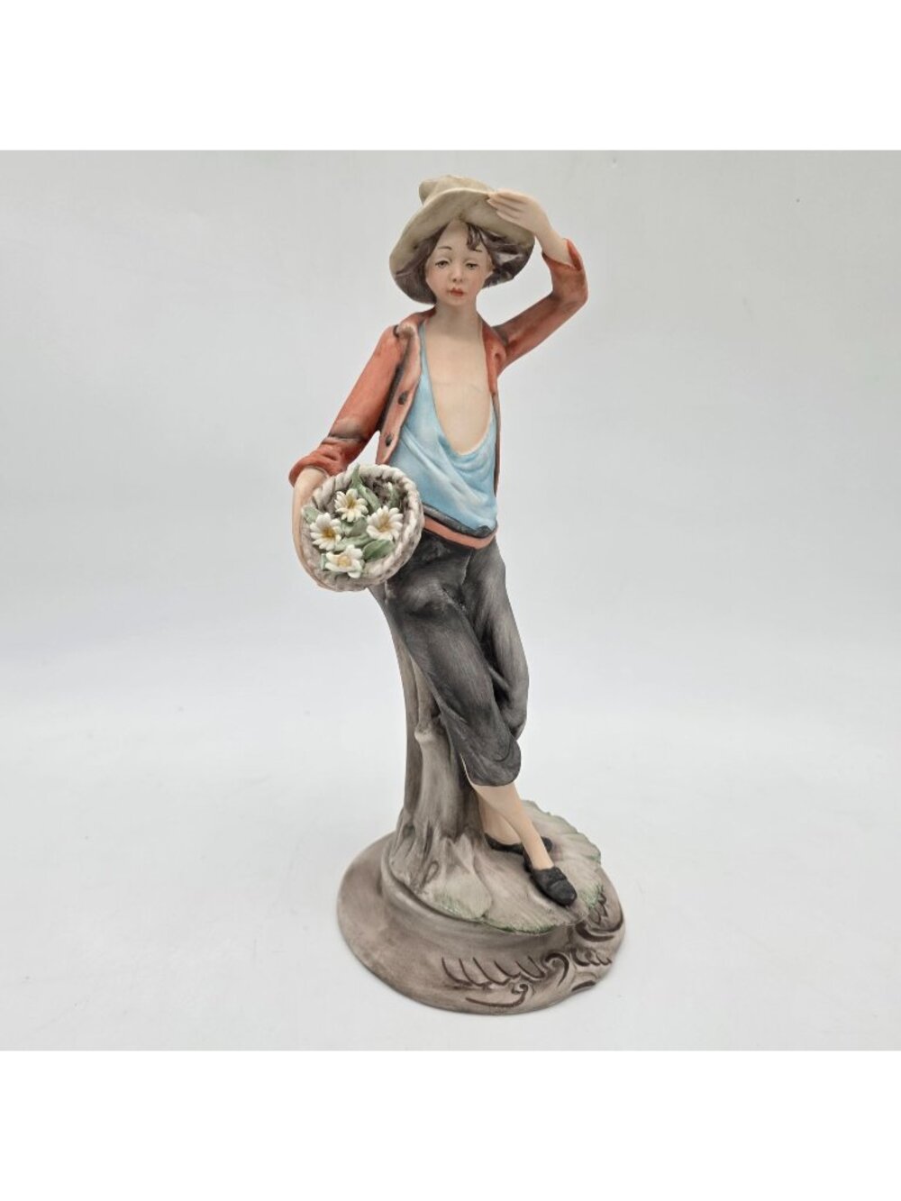 Capodimonte Italian Porcelain Figurine Boy With Basket Of Flowers 10"